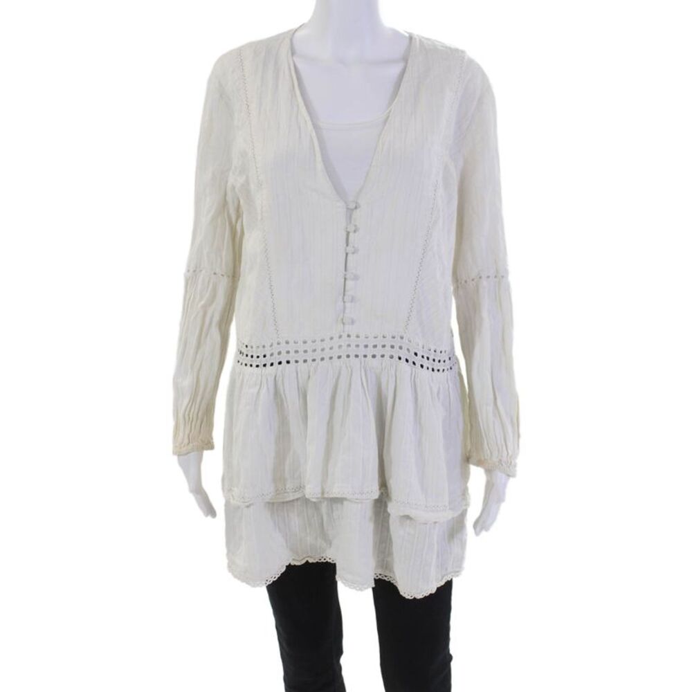 N Nicholas Womens Cotton Buttoned Long Sleeve V-Neck Blouse White Size 12